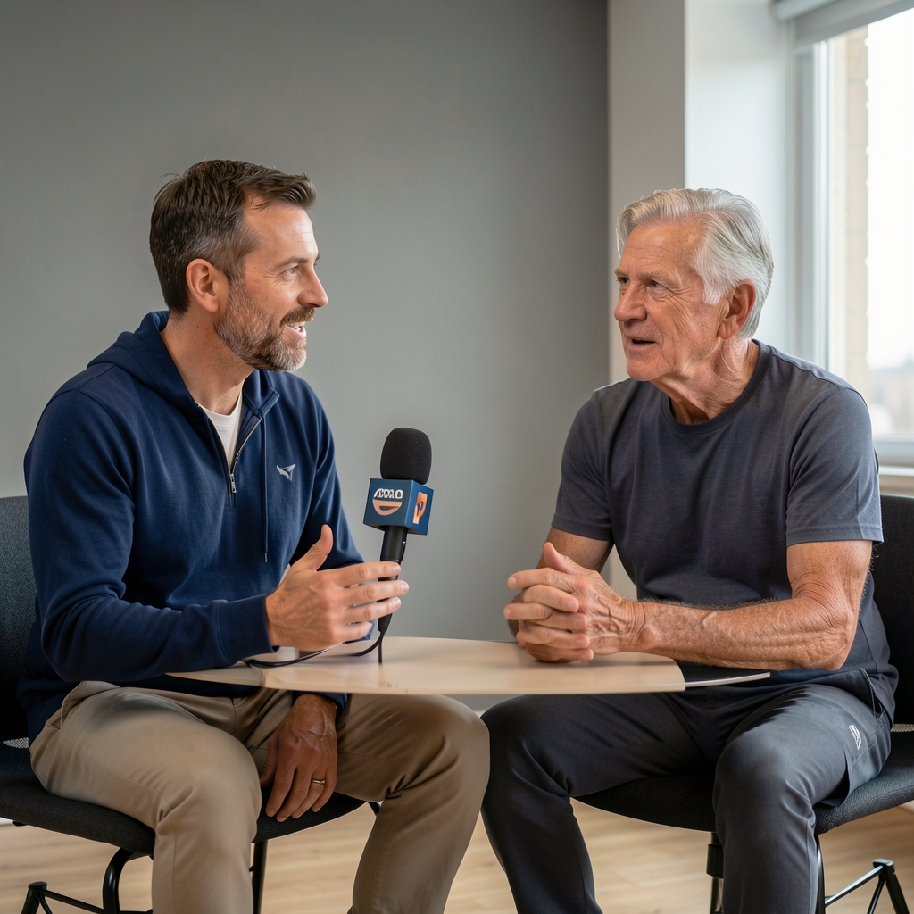 Sports researcher speaking with a mature athlete during an interview in a quiet studio