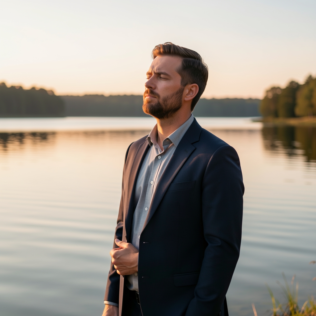 Man standing beside a lake at dawn taking a slow breath with relaxed shoulders and open posture