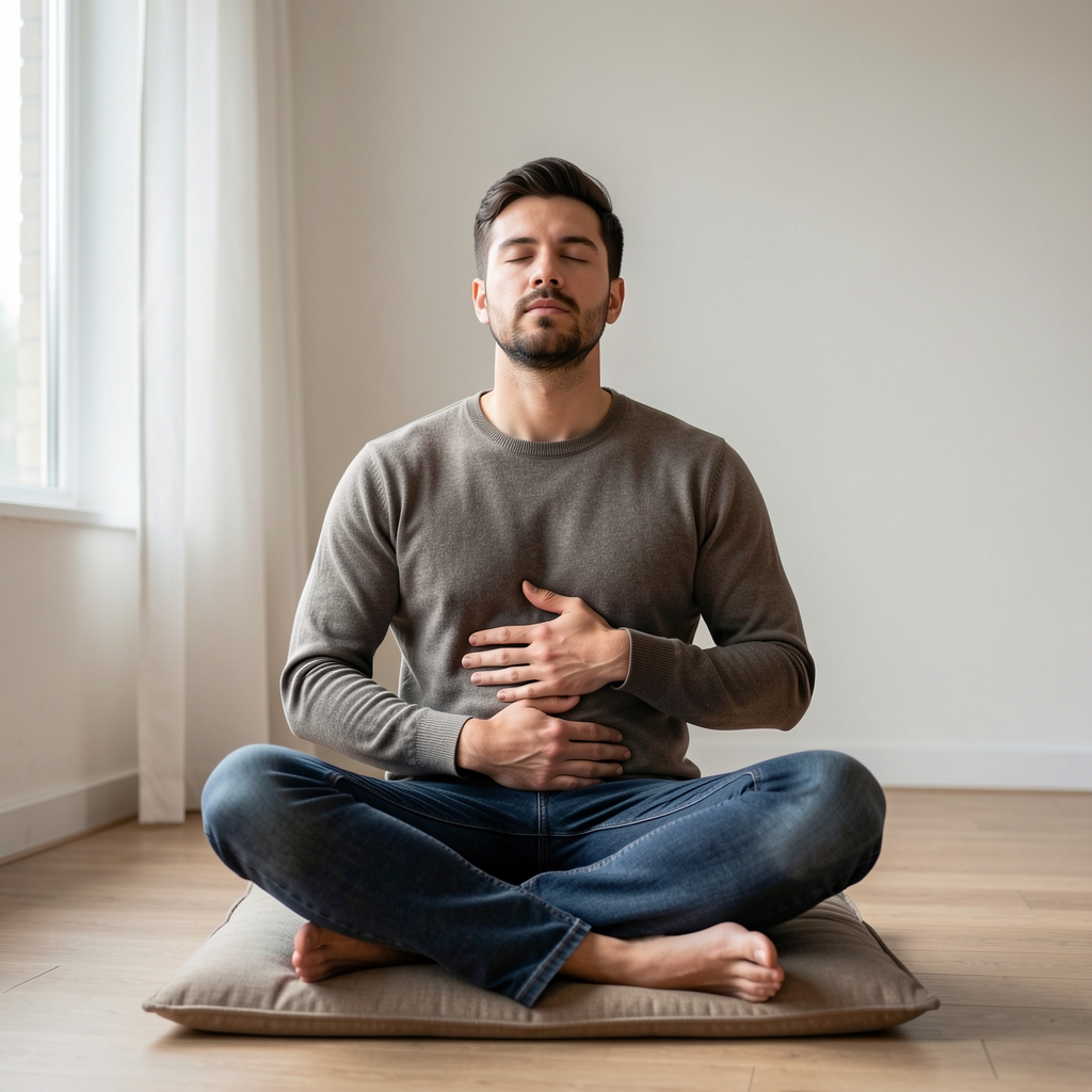 Man seated cross-legged on a cushion with eyes closed and a hand resting on his abdomen in a calm room