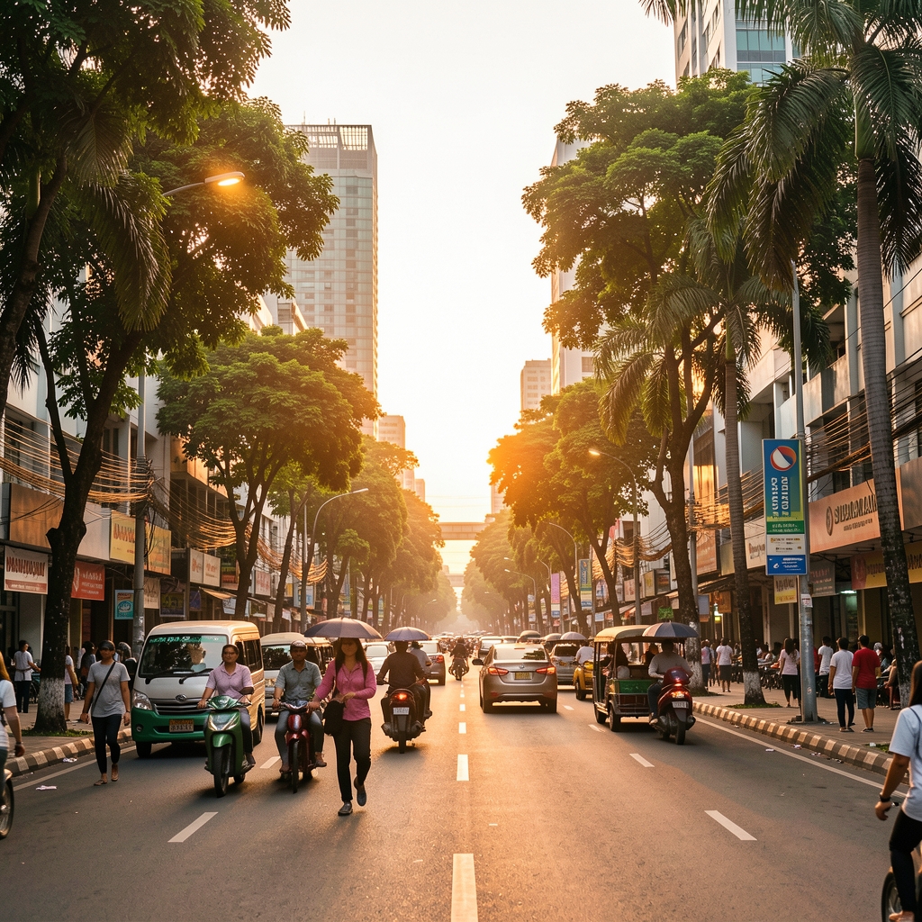 Jakarta street view near Sudirman district at golden hour with pedestrians and trees