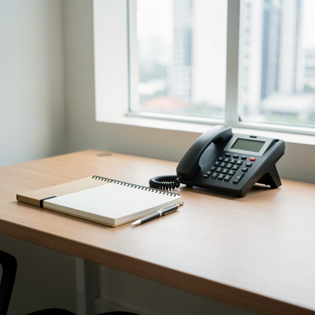 Minimal editorial contact desk with notebook, telephone and daylight in Jakarta