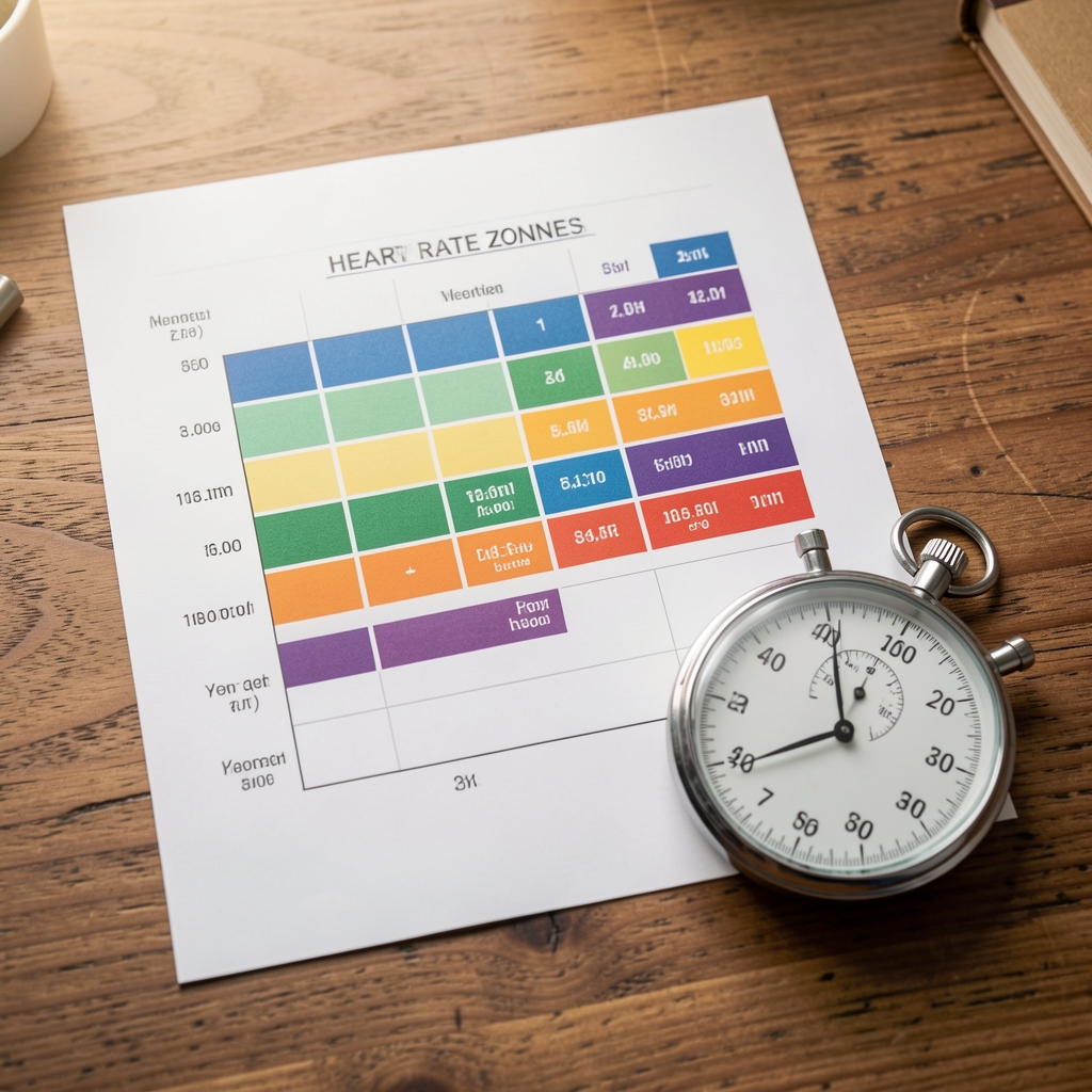 Printed chart of heart rate zones laid beside a stopwatch on a wooden desk
