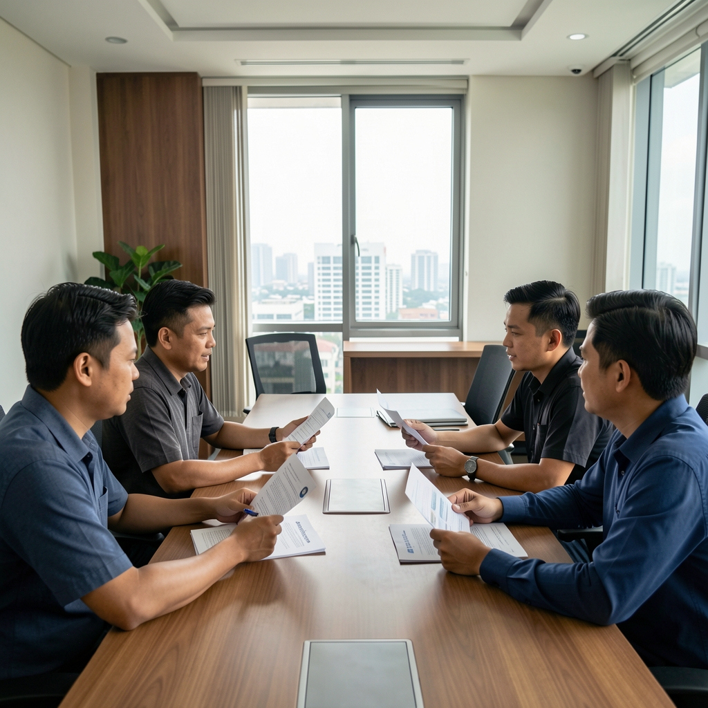 Small group of men seated around a table discussing printed training articles in a Jakarta meeting room