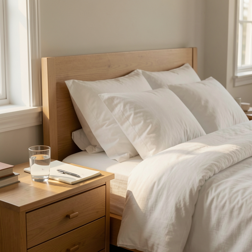 Quiet bedroom in soft morning light with a notebook and glass of water on the bedside table