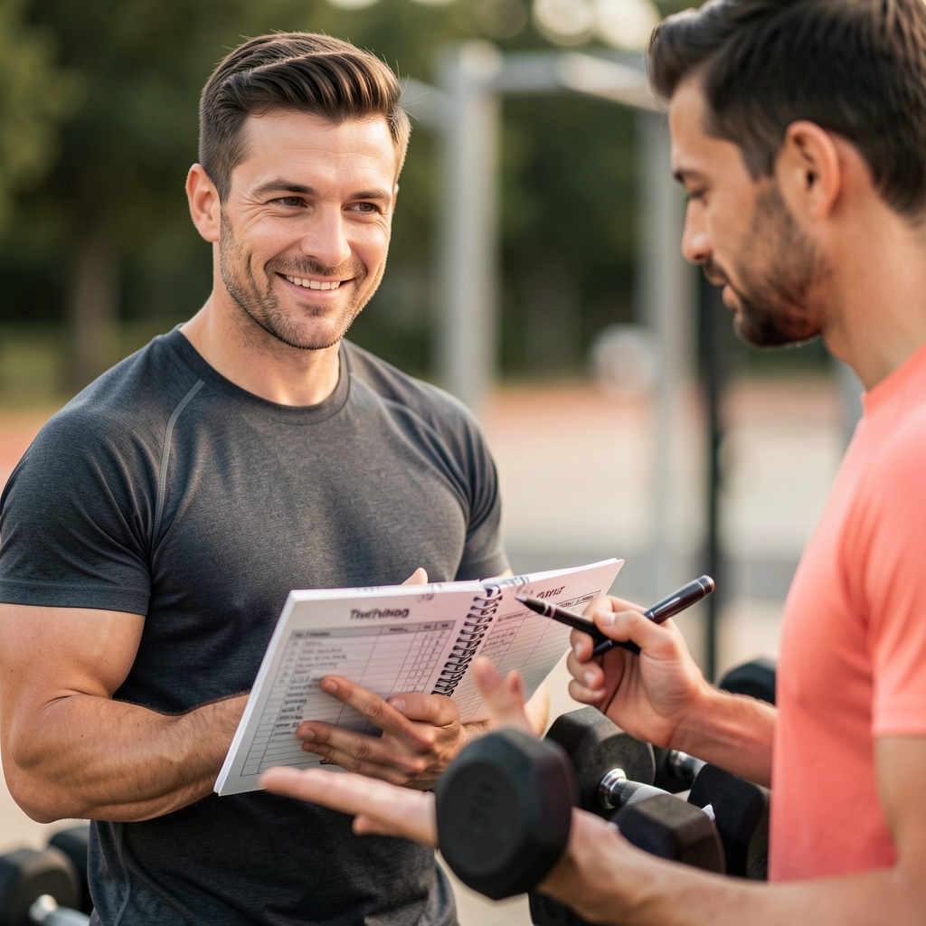 Man holding a notebook next to a set of dumbbells while a coach explains a training log
