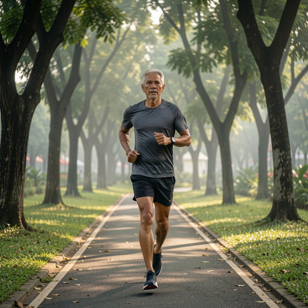 Mature male endurance runner moving through a shaded Jakarta park at early morning