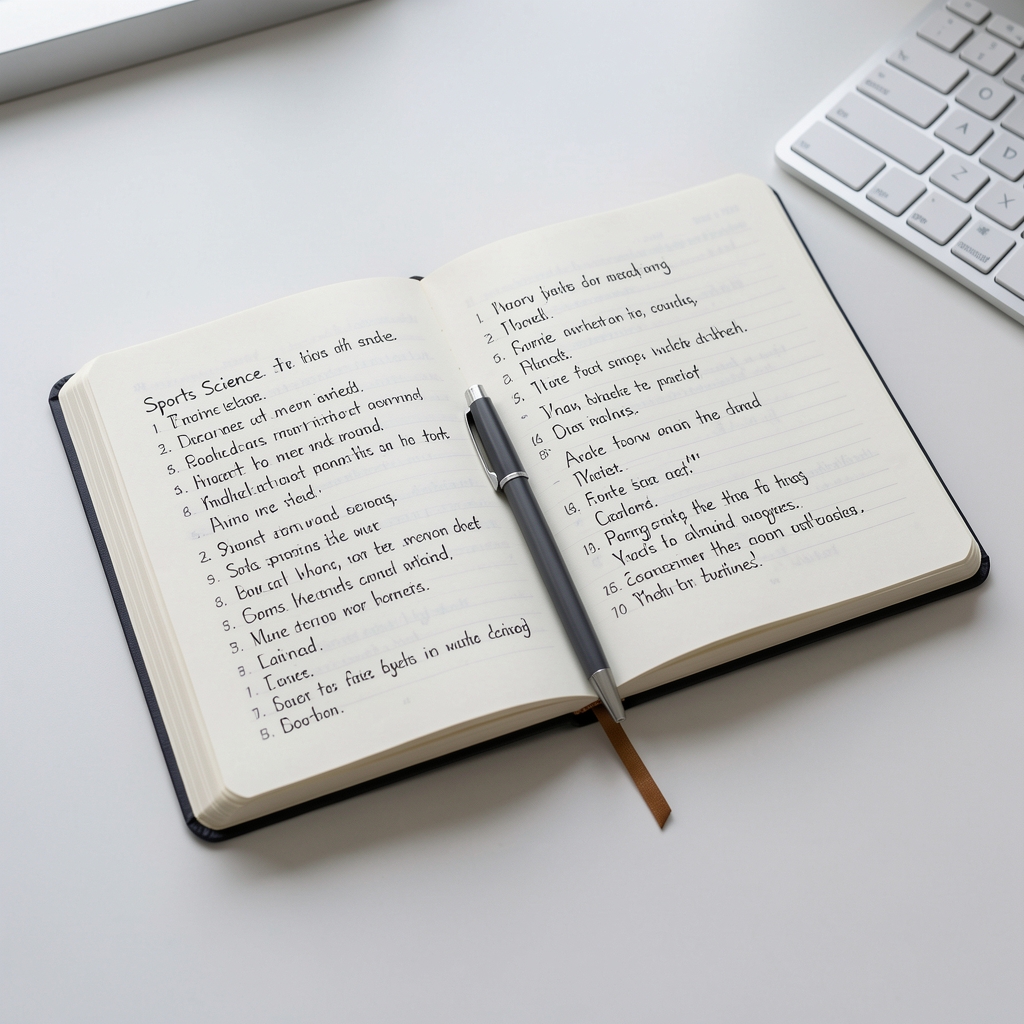 Open dictionary-style notebook with handwritten sports science terms and a pen on a clean desk
