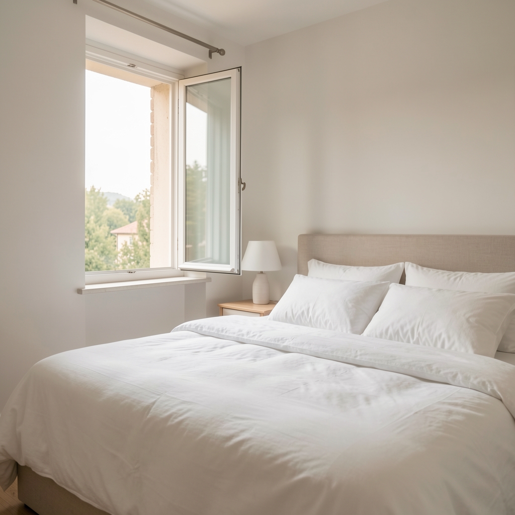 Peaceful bedroom with white linen, open window and soft early light suggesting restful sleep