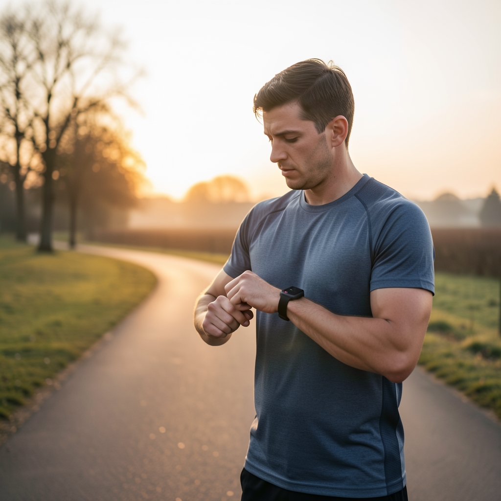 Runner checking a chest strap heart rate monitor on a paved path at dawn