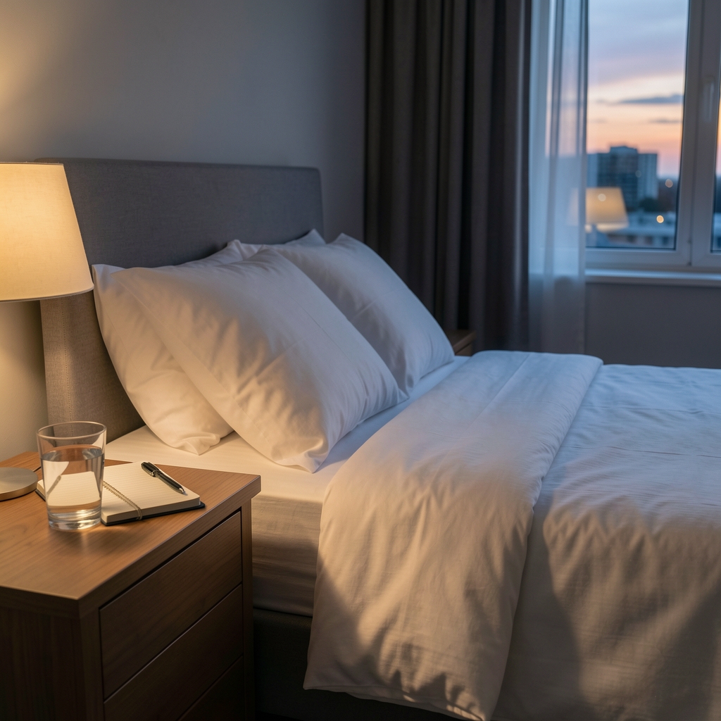 Quiet bedroom at dusk with a notebook and glass of water on the bedside table