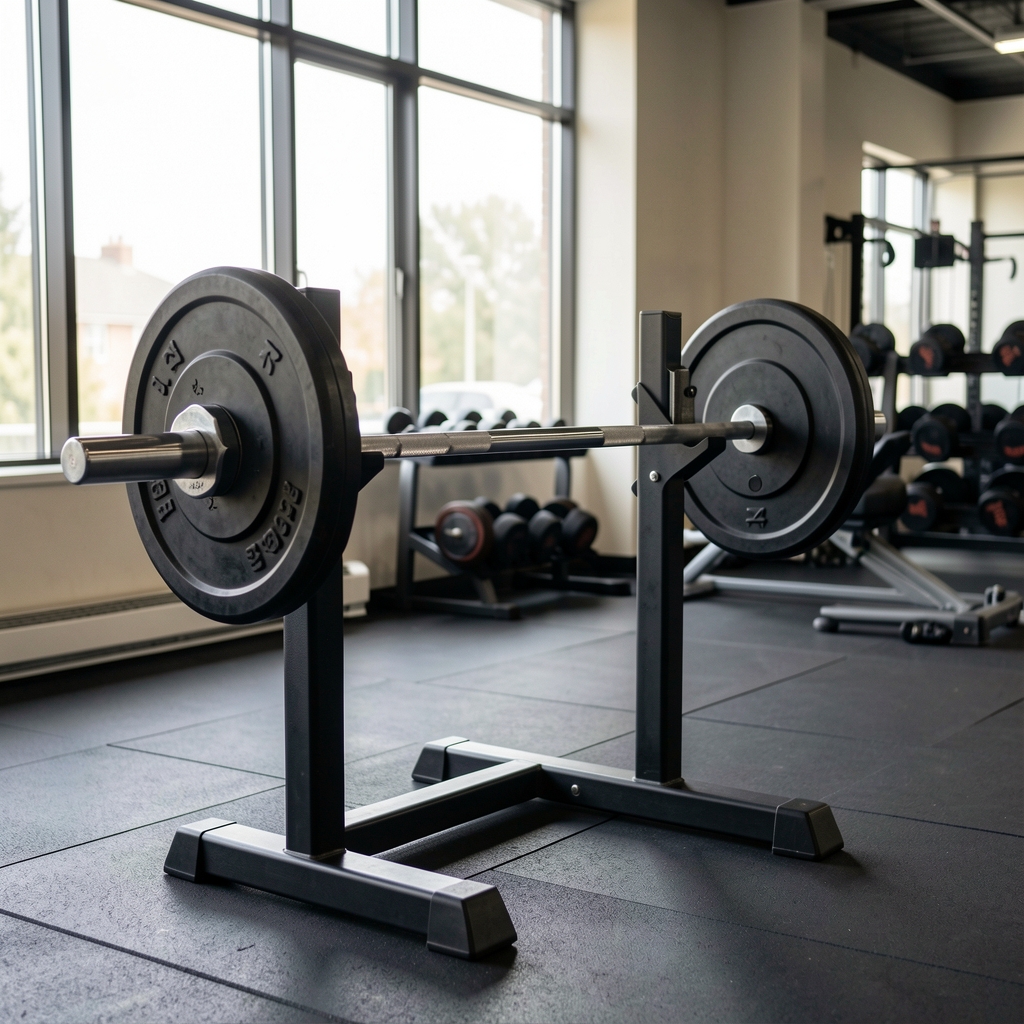 Barbell resting on a rack in a quiet gym with soft window light