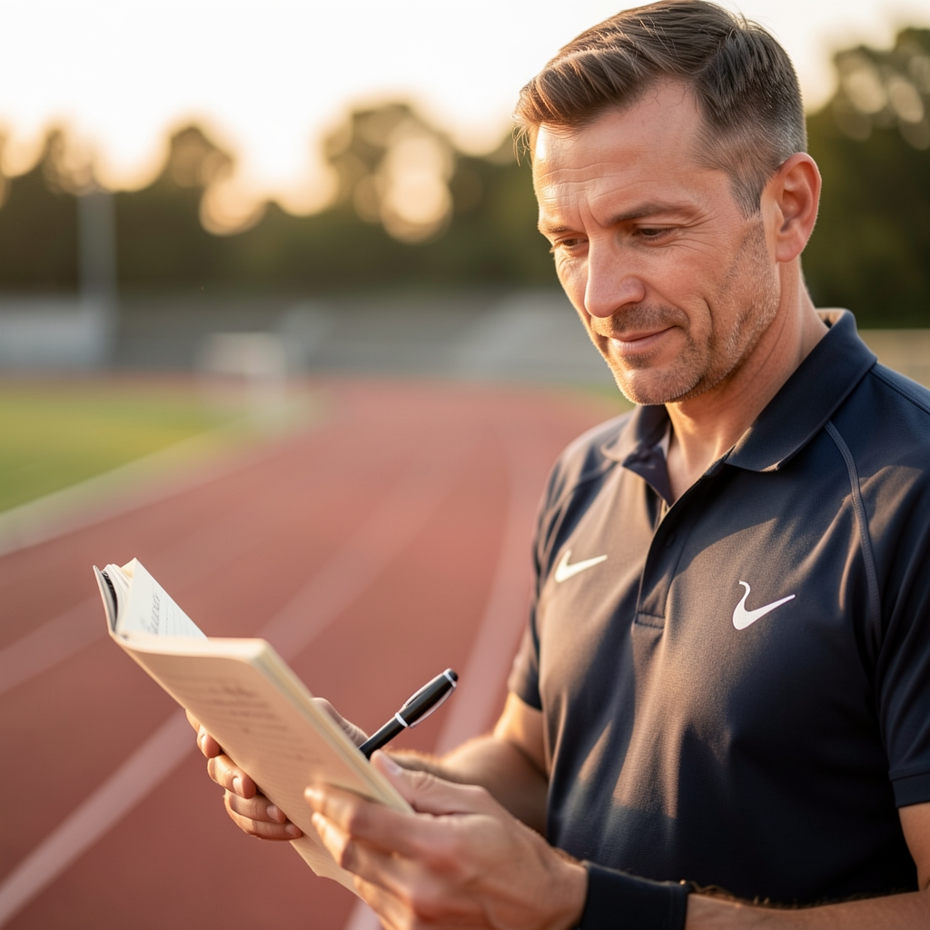 Coach reviewing a training log with a man in his forties beside a running track in warm morning light