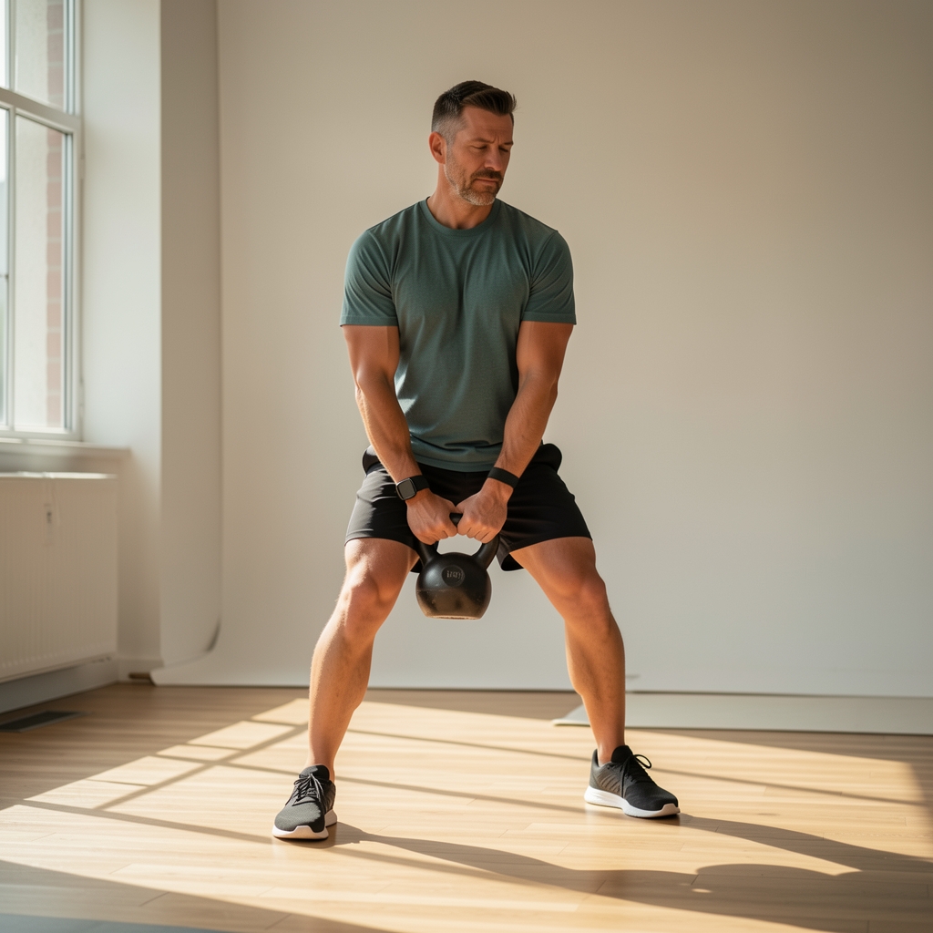 Man in his forties performing a kettlebell carry across a sunlit studio floor