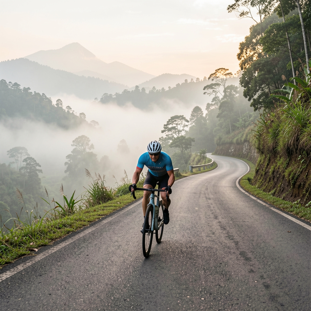 Cyclist climbing a quiet hillside road in the Indonesian highlands under morning mist