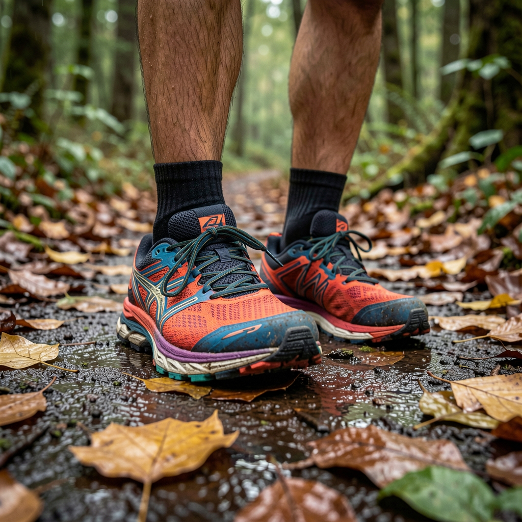 Close view of trail running shoes on a damp forest path with fallen leaves