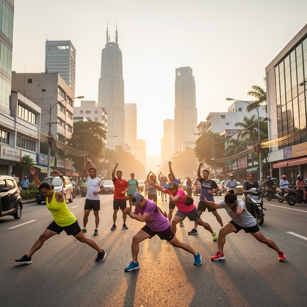 Group of adult runners stretching on a Jakarta street before sunrise with city towers behind