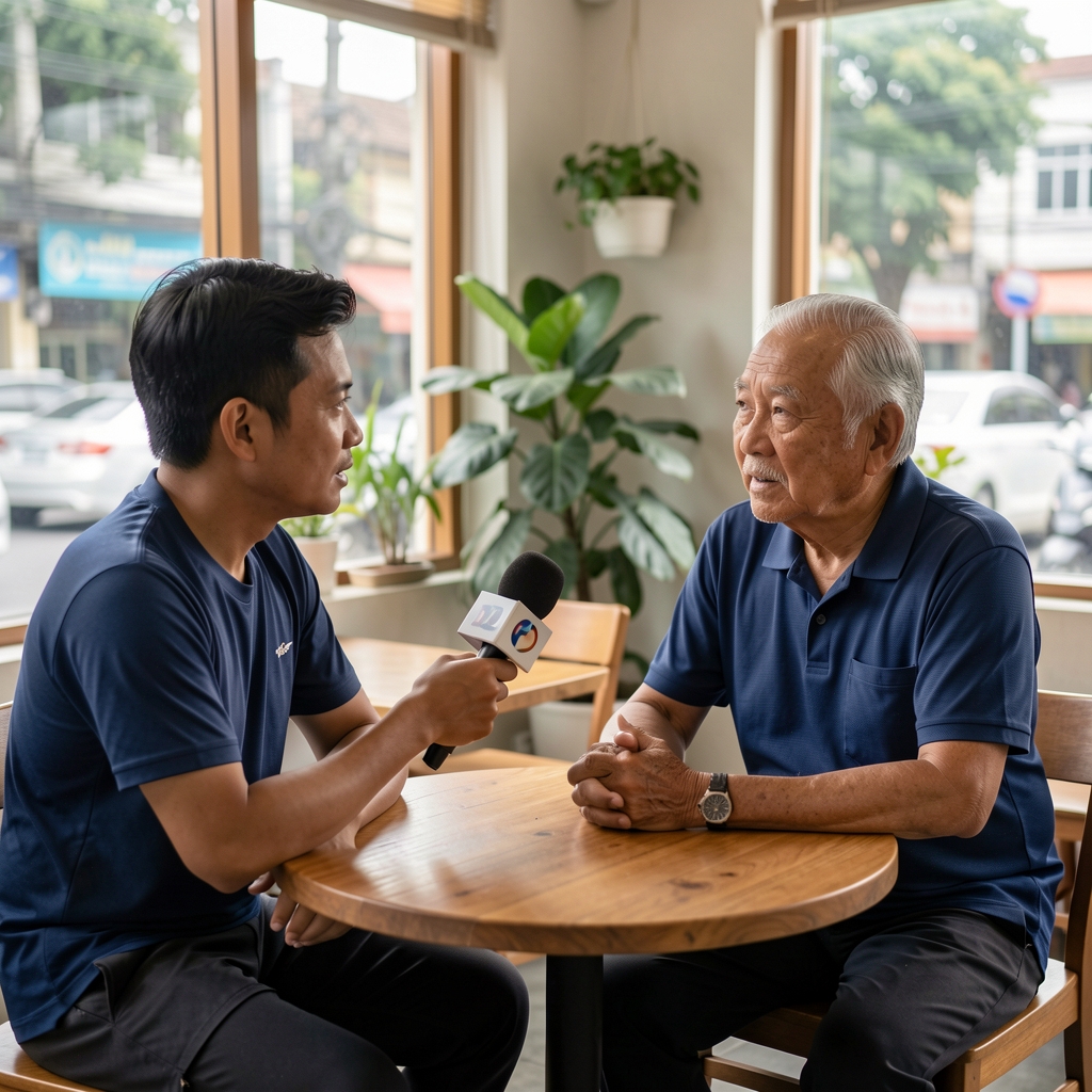 Journalist recording an interview with an older recreational athlete in a quiet Jakarta cafe