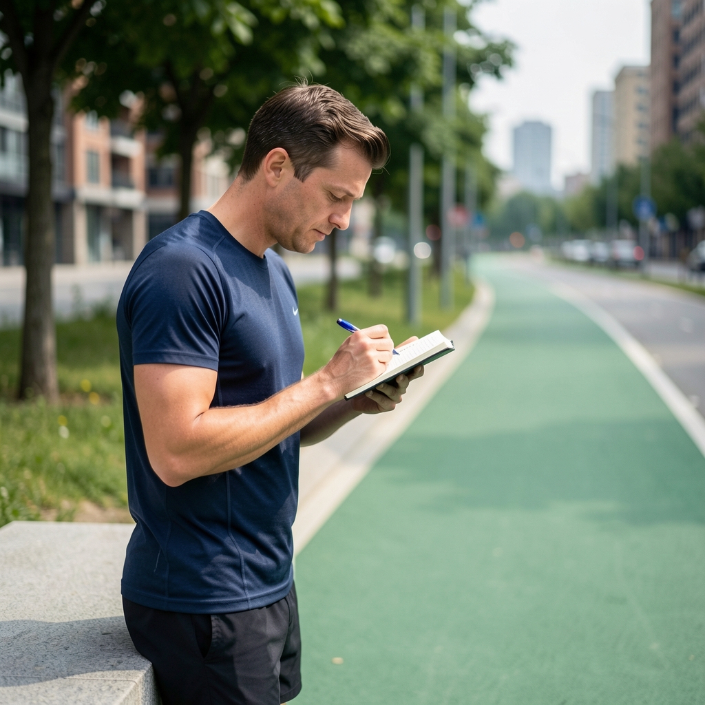 Adult runner pausing beside a green urban path to write observations in a small notebook