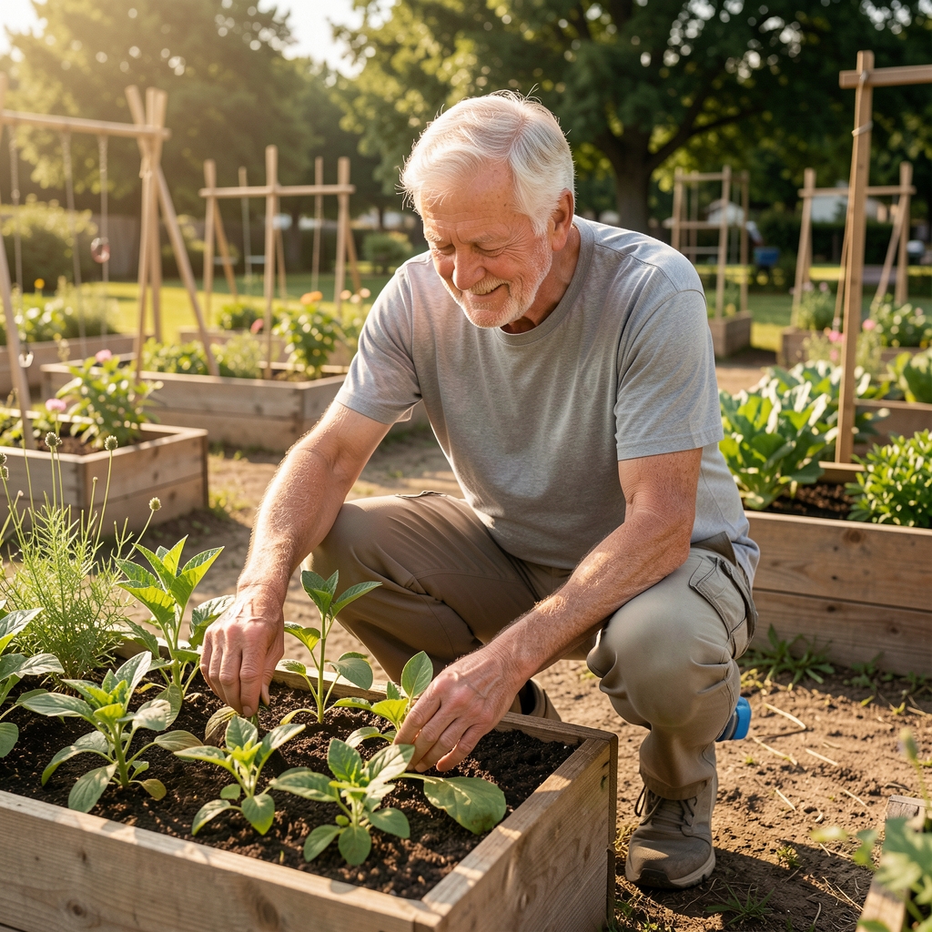 Older recreational athlete tending plants in a sunny community garden