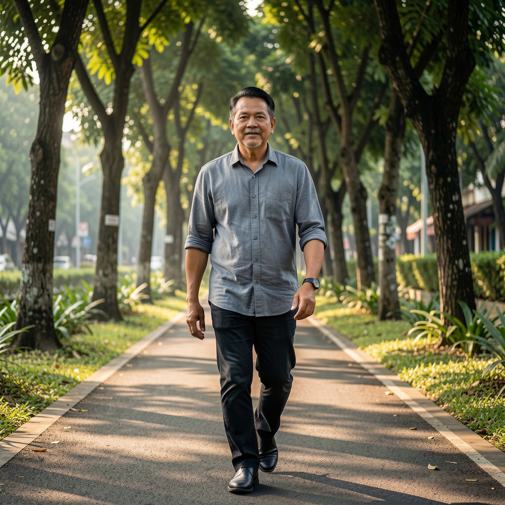 Mature man walking with relaxed posture beneath trees on a Jakarta morning path