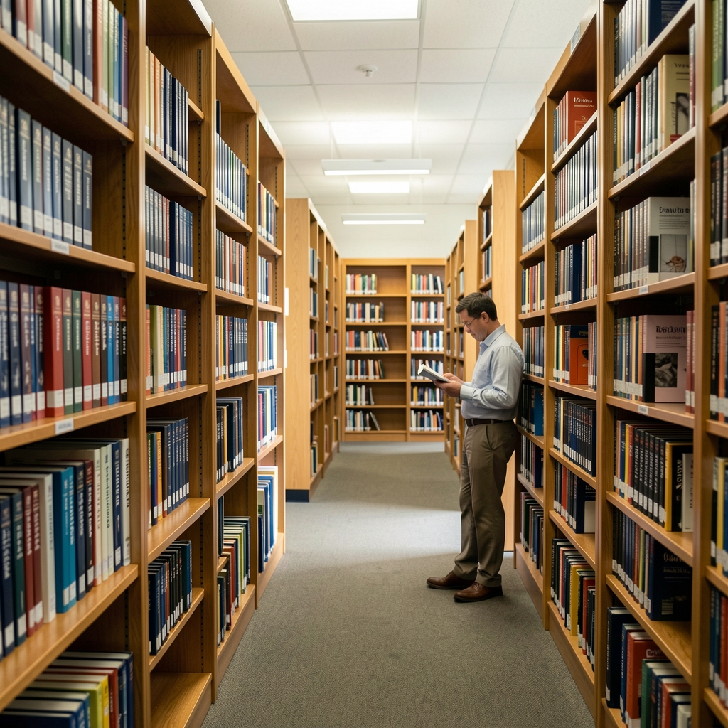 Shelves of bound sports medicine journals in a quiet university library with a researcher reading in the aisle