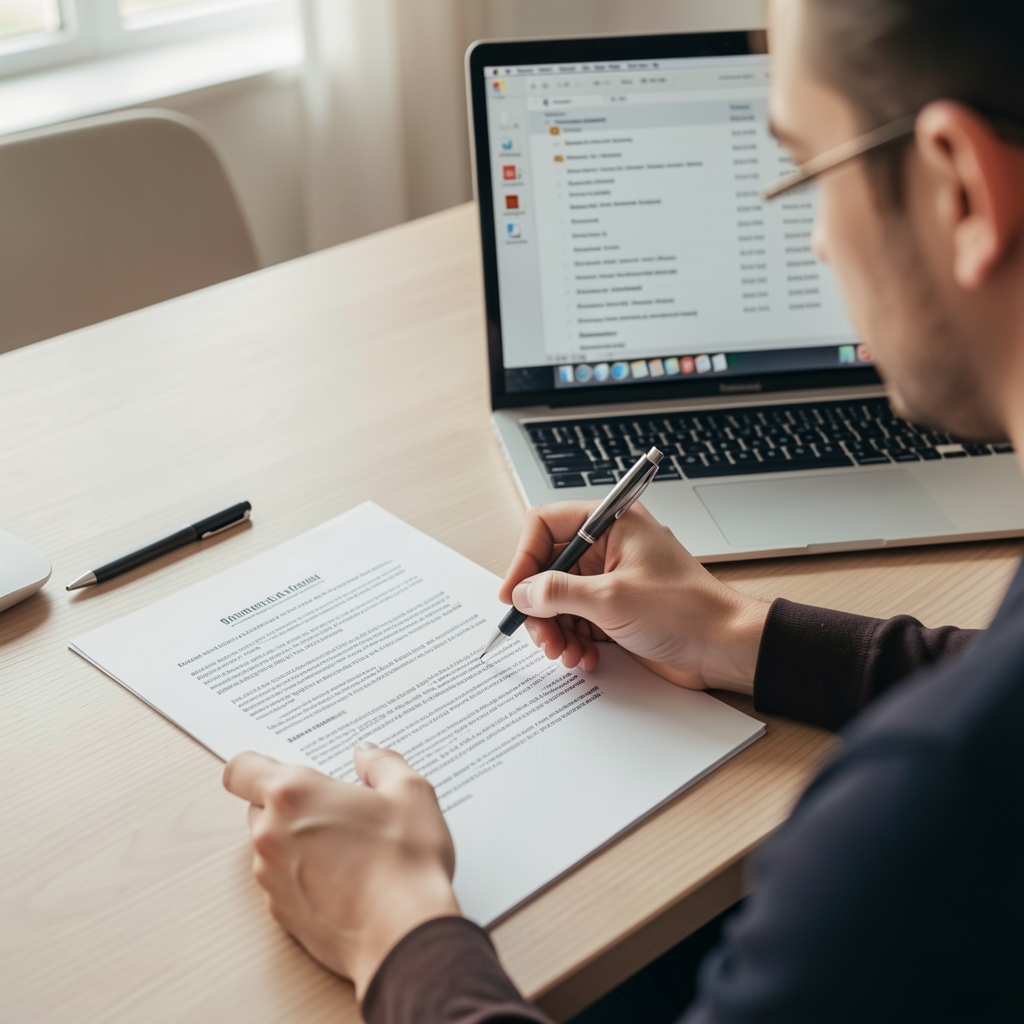 Editor marking a printed research paper with a pen beside a laptop displaying a reference list