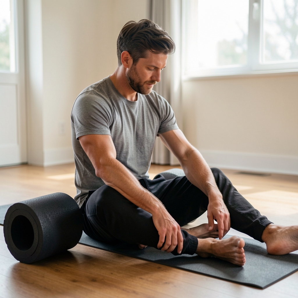 Close view of a man seated in a controlled hip opener on a wooden floor beside a foam roller