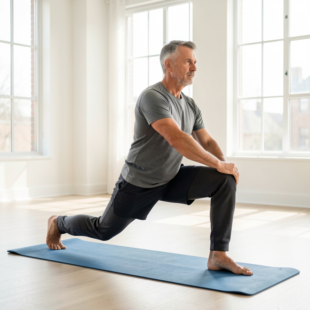 Middle-aged man performing a deep lunge stretch on a yoga mat in a bright studio