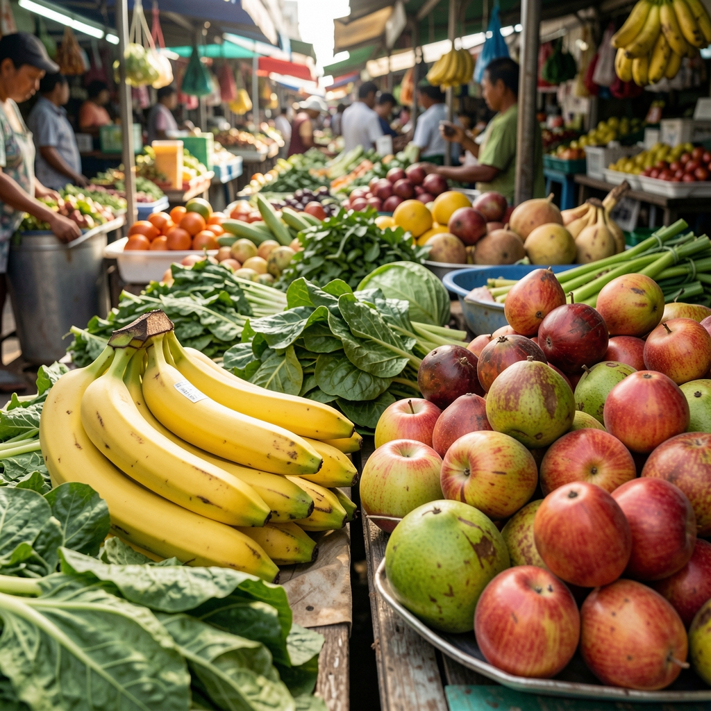 Fresh Indonesian market produce including bananas, leafy greens and tropical fruit in natural light