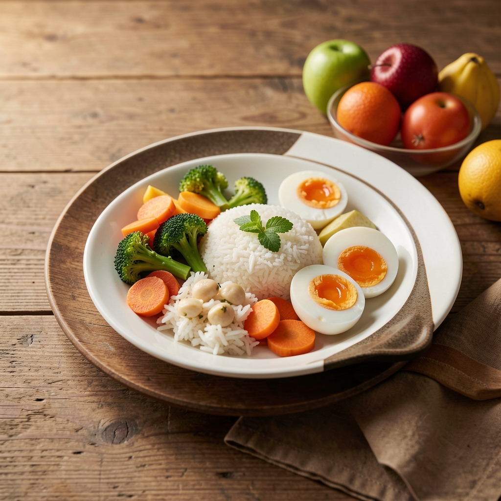 Balanced Indonesian-inspired meal with rice, vegetables, eggs and fruit arranged on a wooden table