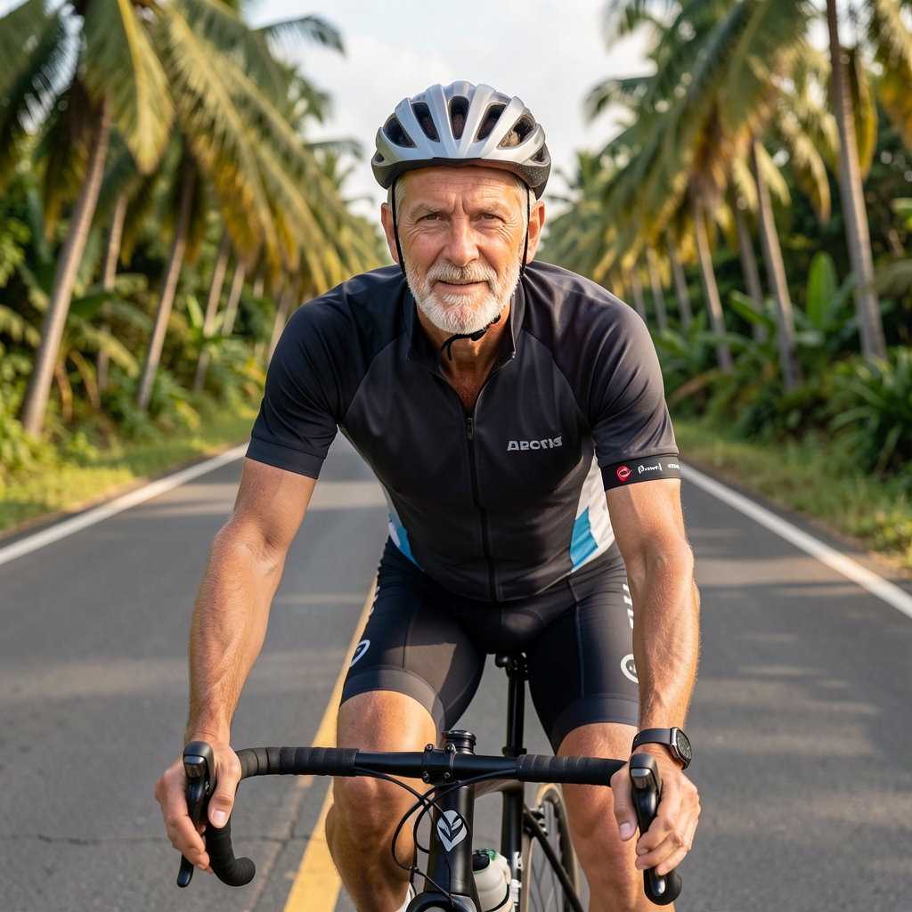 Mature male cyclist wearing a heart rate monitor on a quiet tropical road