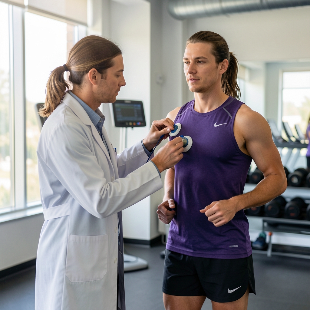 Physiologist placing sensors on an adult runner during a supervised exercise assessment