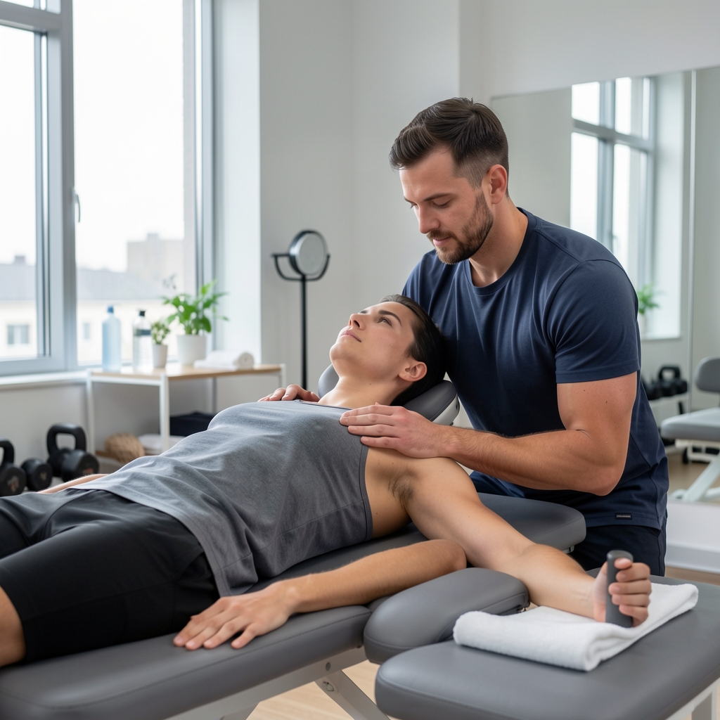 Adult athlete receiving careful sports recovery treatment in a calm professional studio