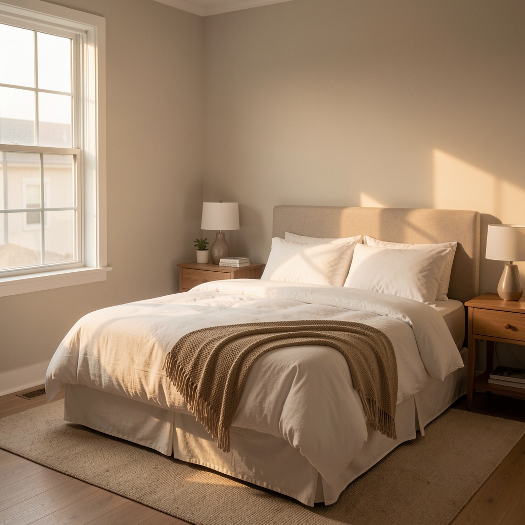 Quiet bedroom with morning light prepared for restorative sleep after training