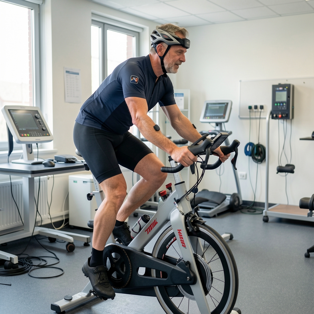 Middle-aged cyclist on a stationary bike with sensors attached during a laboratory fitness assessment