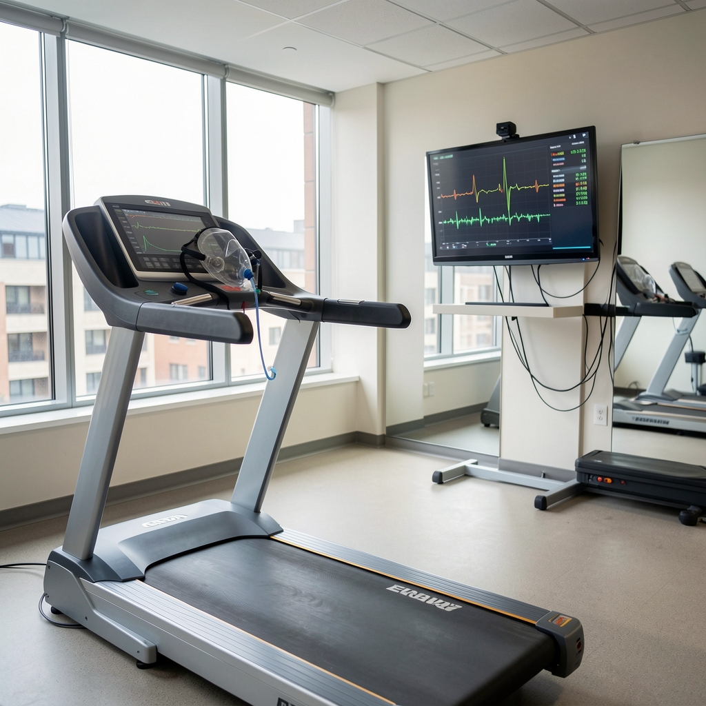 Exercise physiology laboratory with a treadmill, gas analysis mask and monitor displaying heart rate data