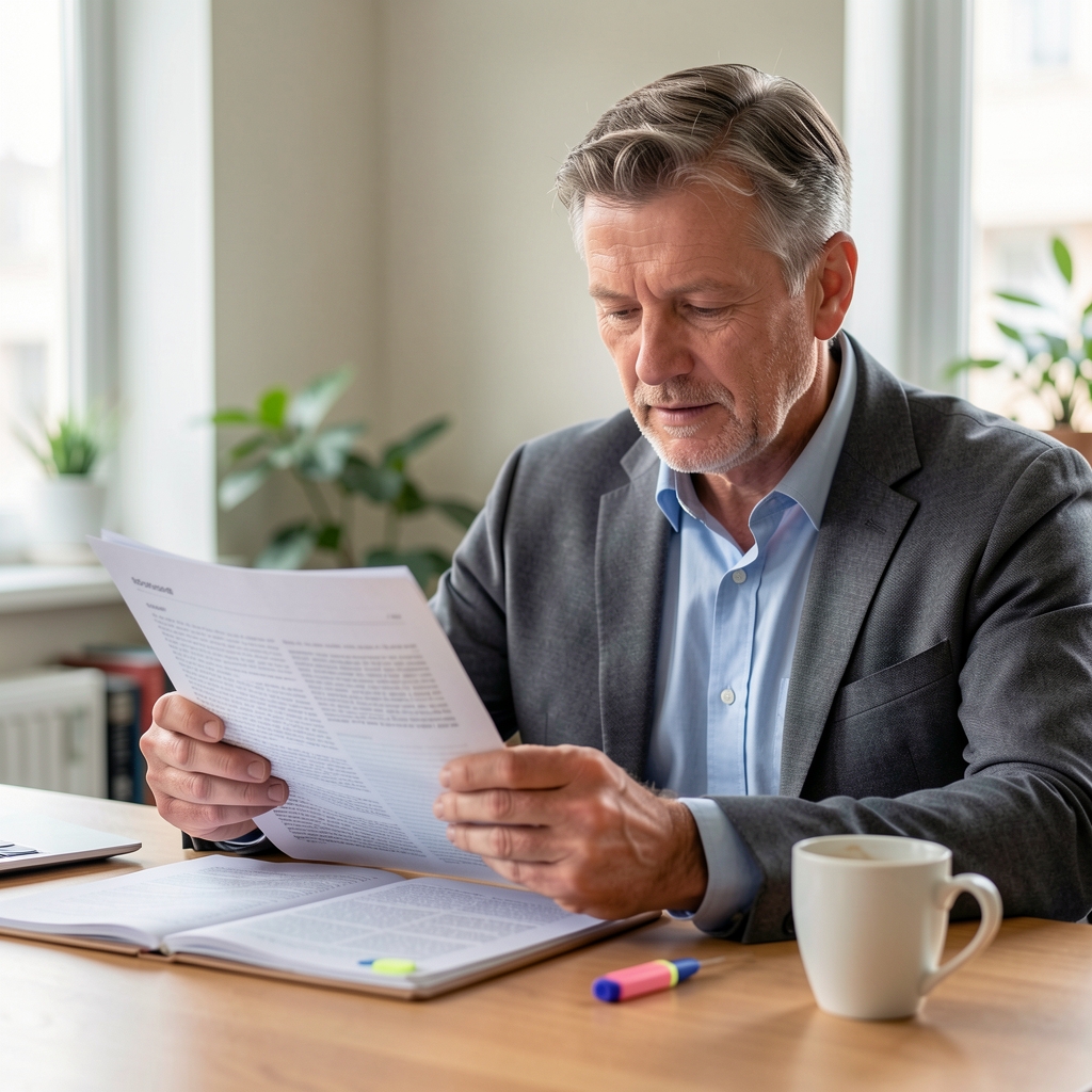 Man in his fifties reading a printed research article at a desk with a highlighter and coffee cup