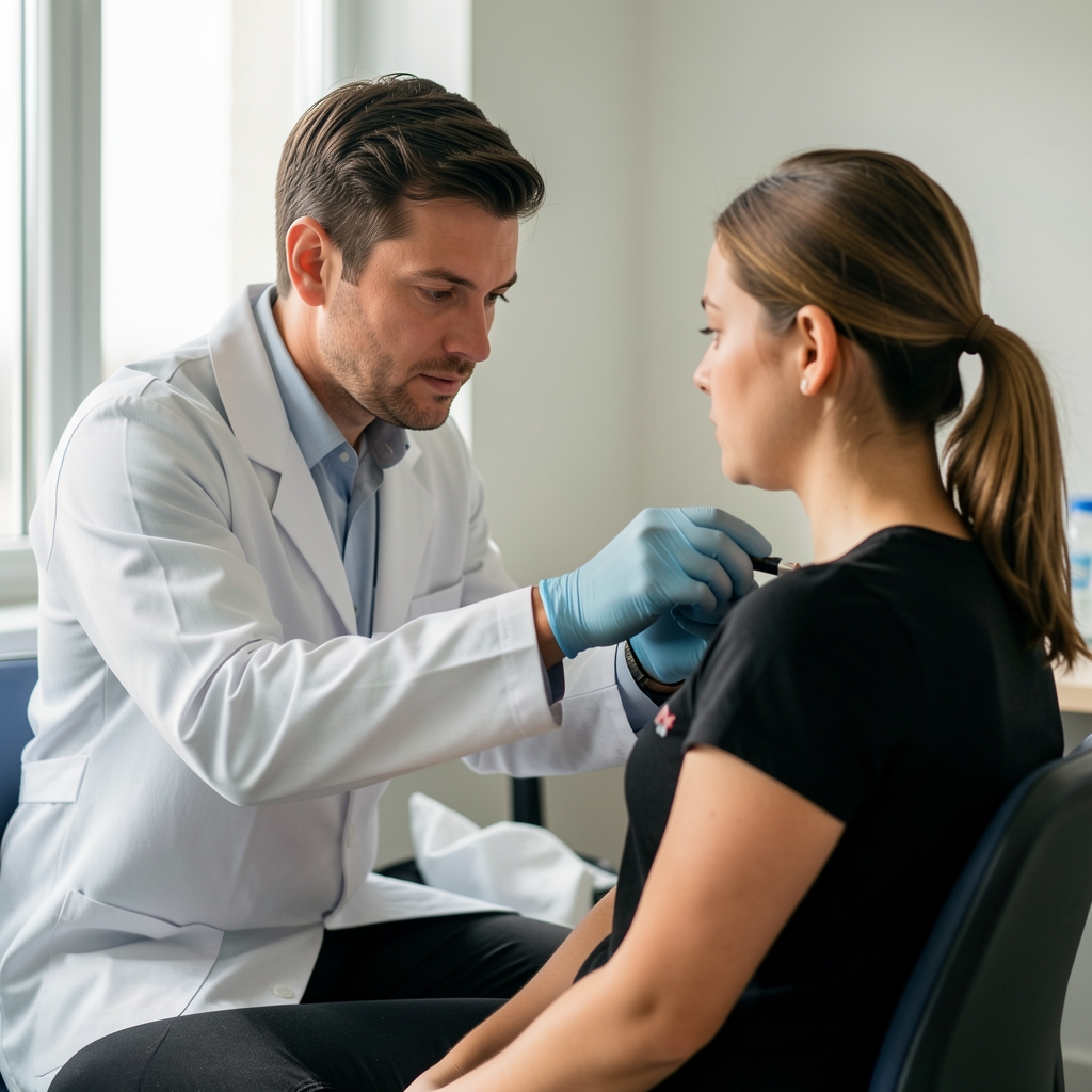 Researcher measuring a participant's thigh muscle with an ultrasound probe in a clinical testing room
