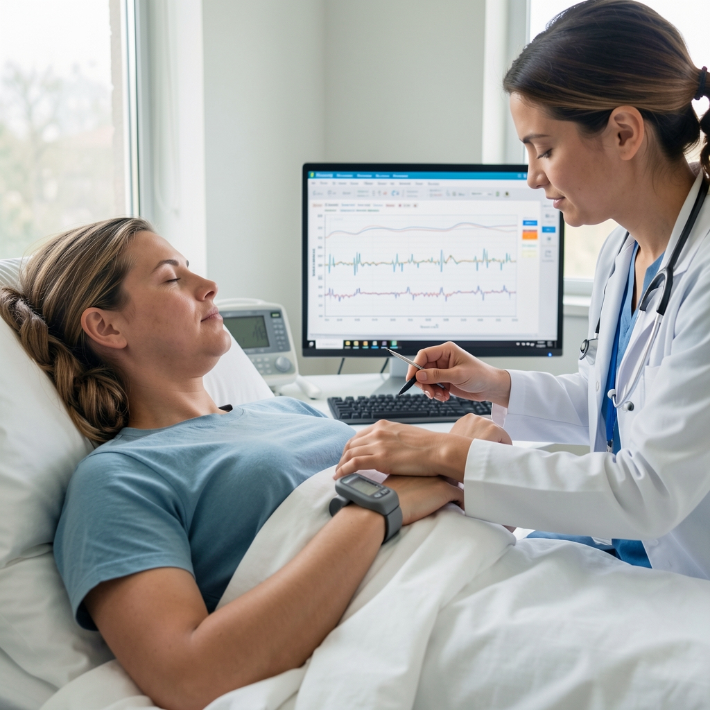 Sleep research participant wearing a wrist monitor while a technician reviews a sleep chart on screen