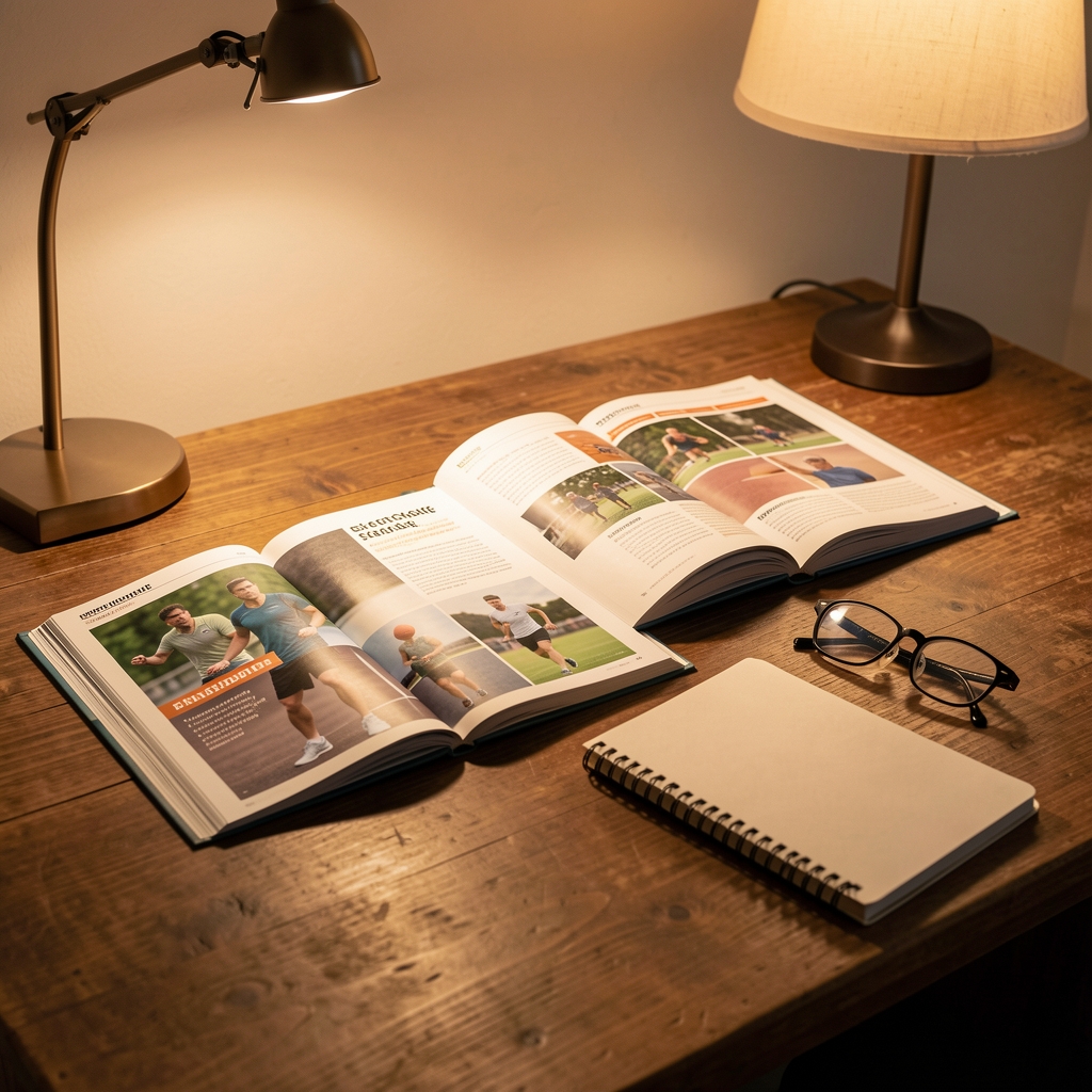 Wooden desk with open sports science journals, a notebook and reading glasses in warm lamp light