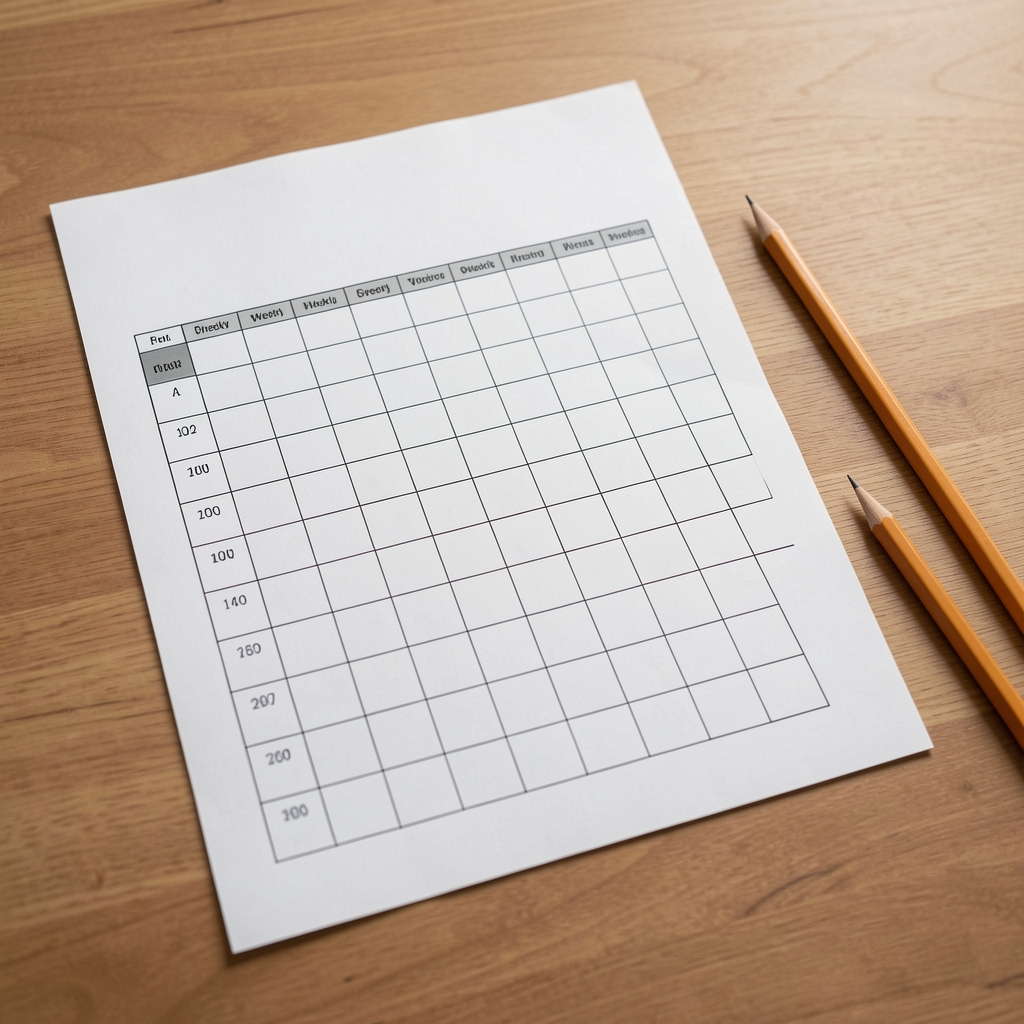 Printed aerobic training worksheet with weekly grid placed beside a pencil
