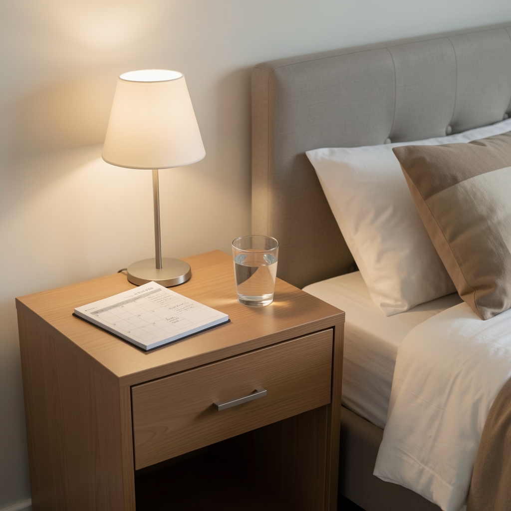 Bedside table with a sleep diary, small lamp and glass of water in a quiet room