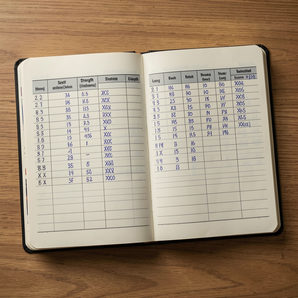 Training notebook open to a strength log with sets and repetitions handwritten in columns
