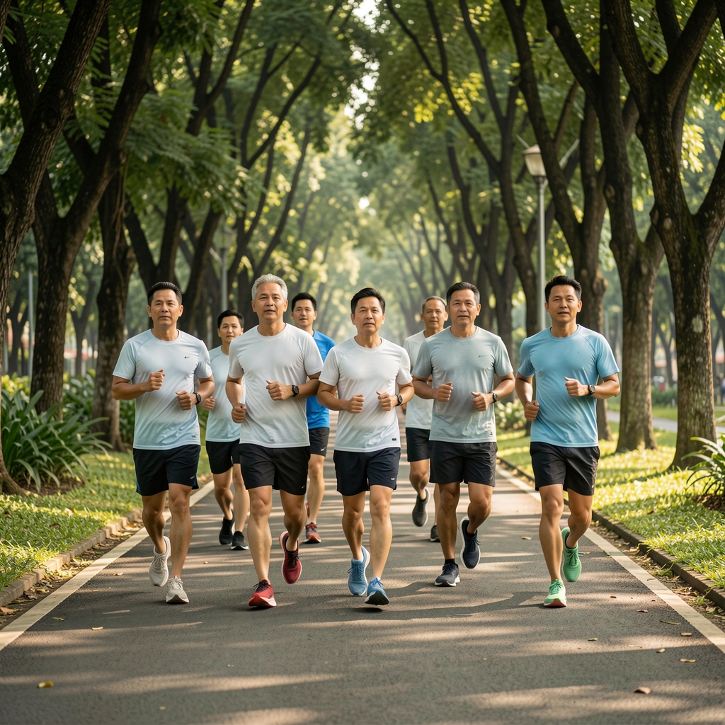 Group of mature runners on a shaded tree-lined park path in Jakarta wearing light breathable clothing