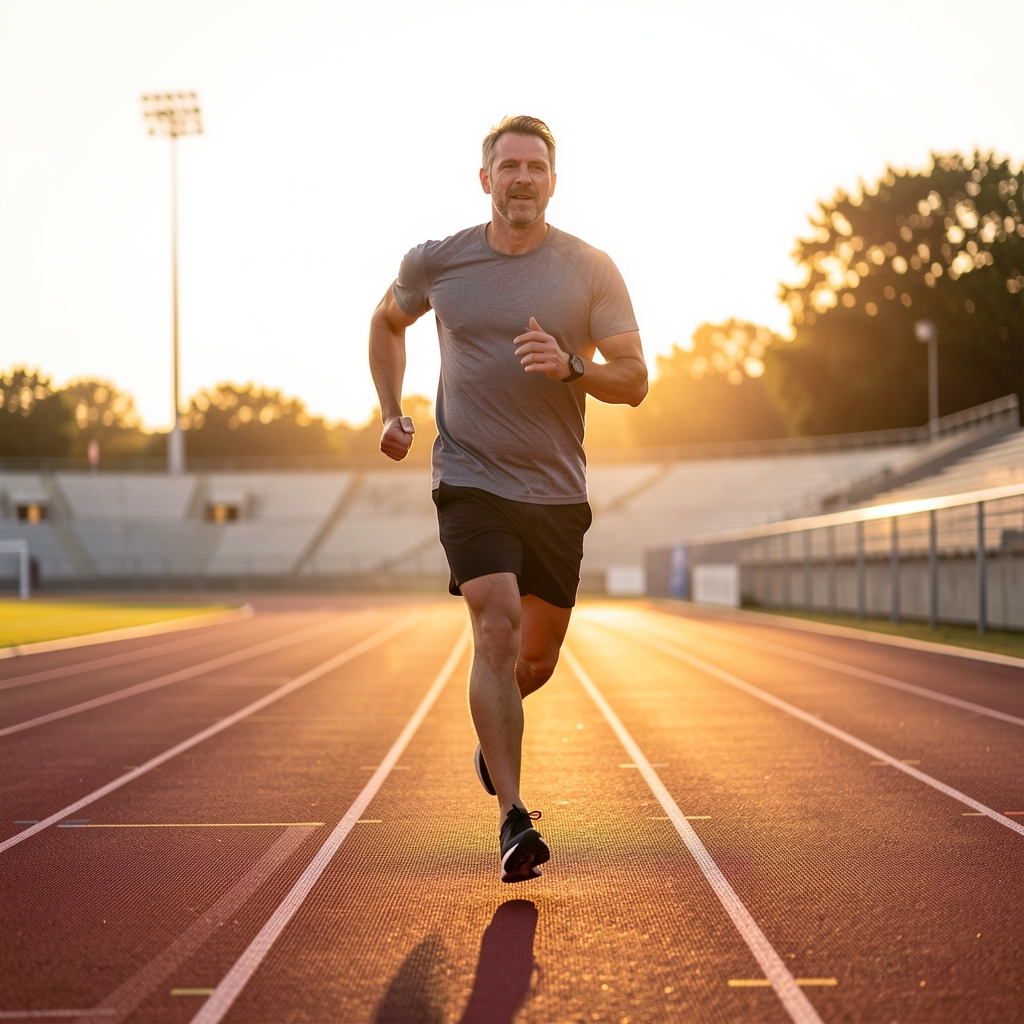 Man in his forties running on a reddish athletics track at sunrise with long shadows