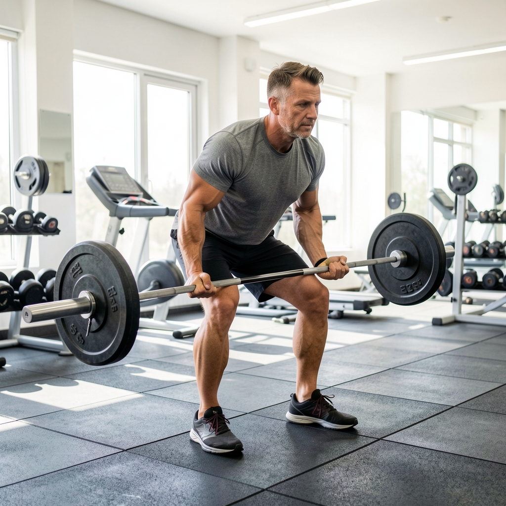 Man in his forties preparing a barbell lift in a bright gym with rubber flooring