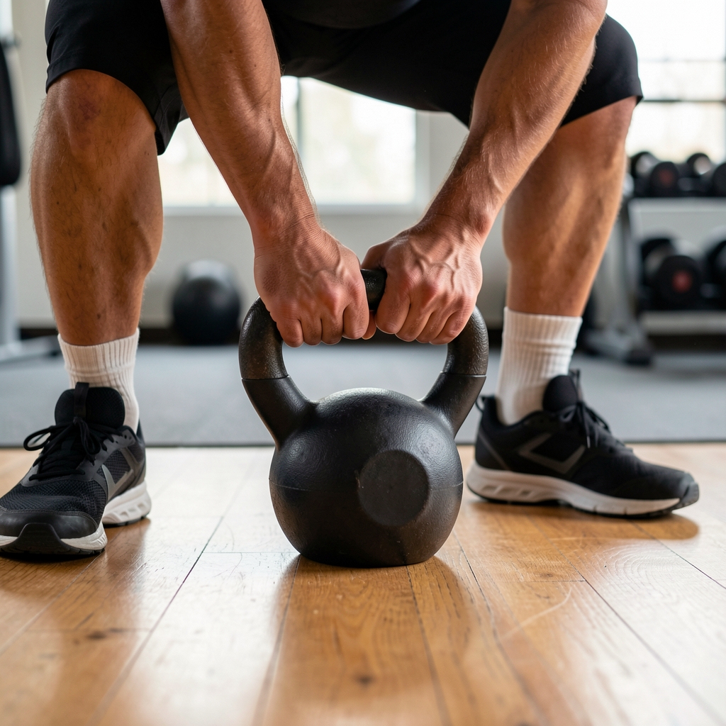 Hands gripping a kettlebell during a controlled hip hinge on a wooden gym floor