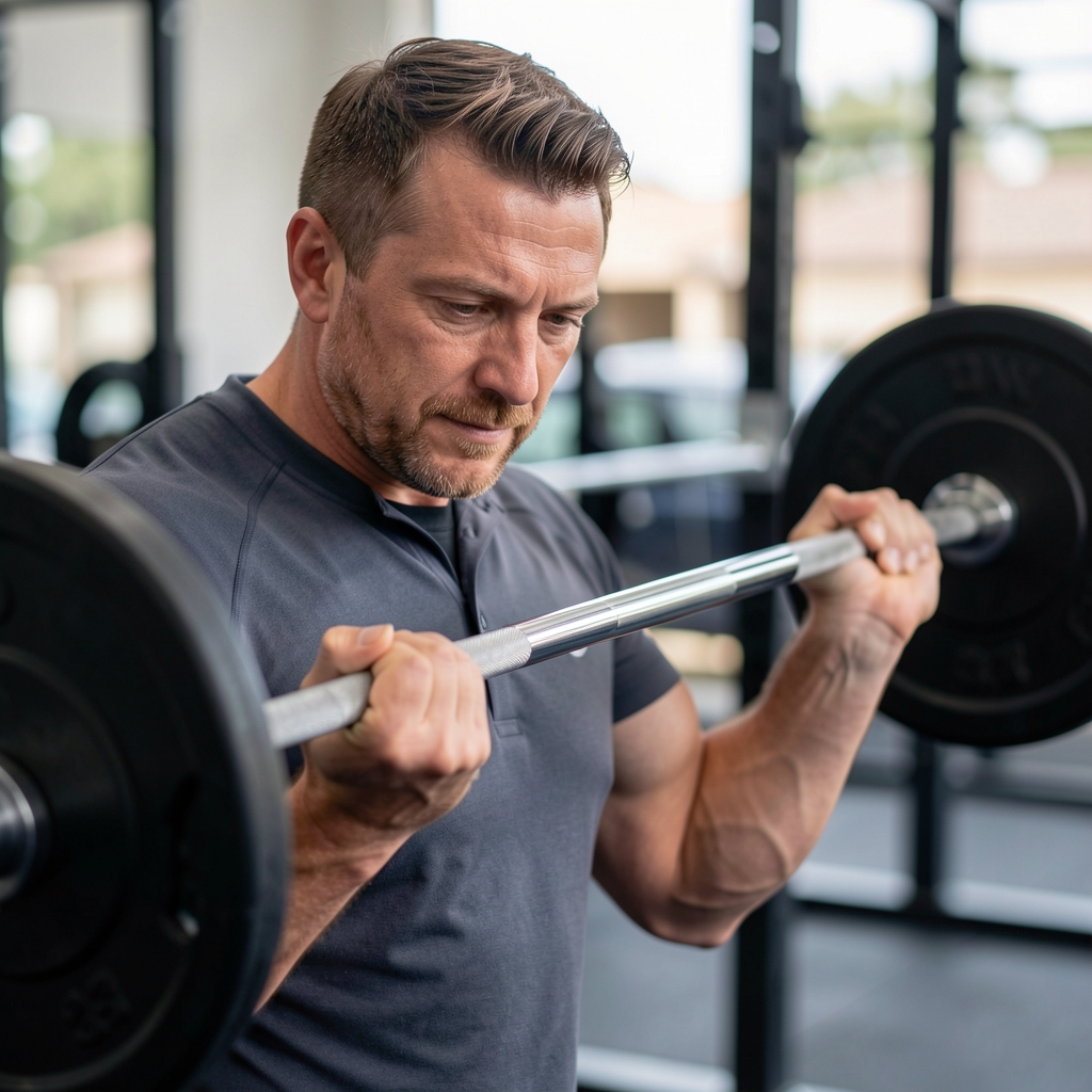 Coach observing an adult man perform a careful barbell movement in a clean gym