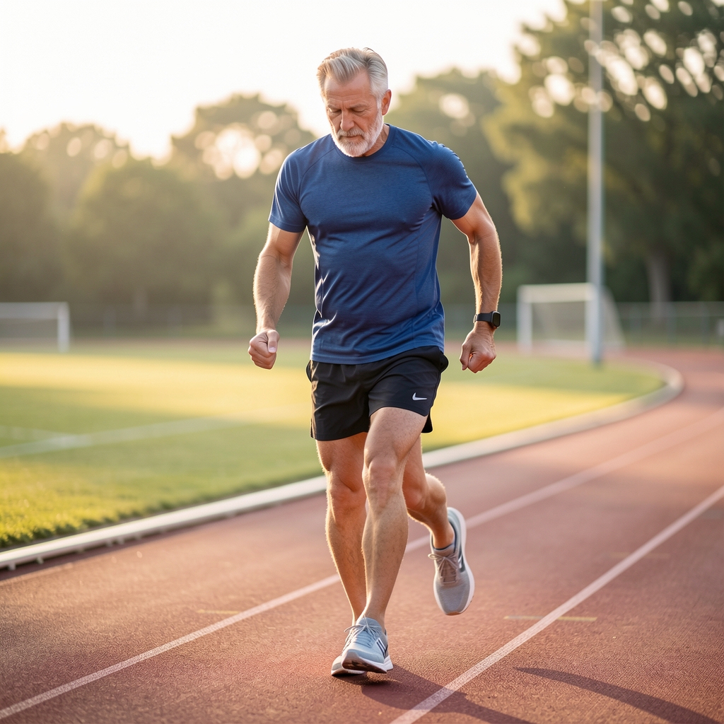 Mature male runner warming up on an outdoor track beneath soft morning light
